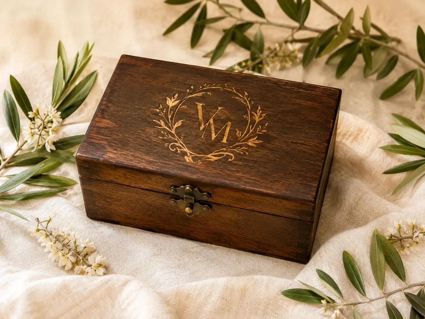 A hand-finished wooden keepsake chest styled with natural botanicals and linen
