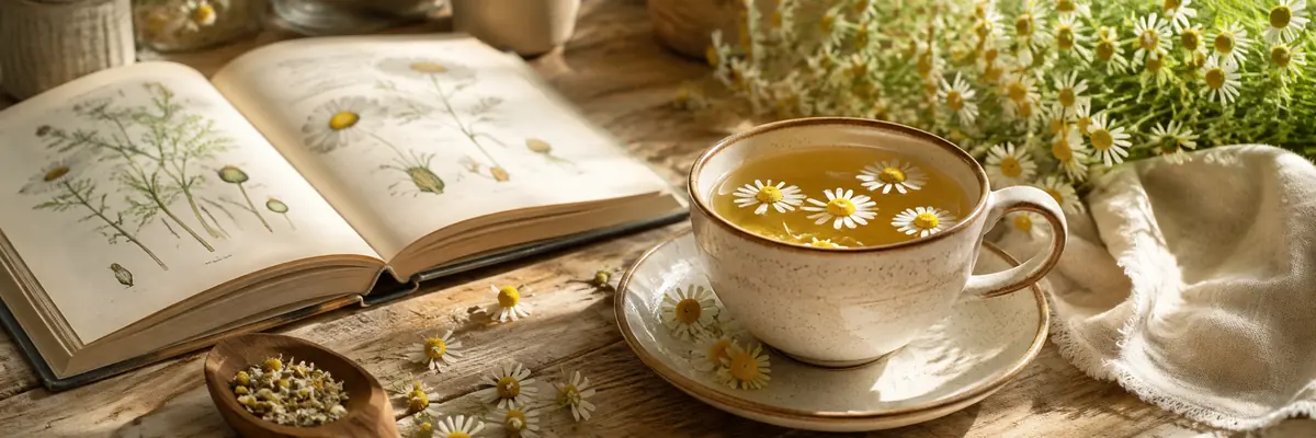 A warm cup of botanical tea beside linen and chamomile