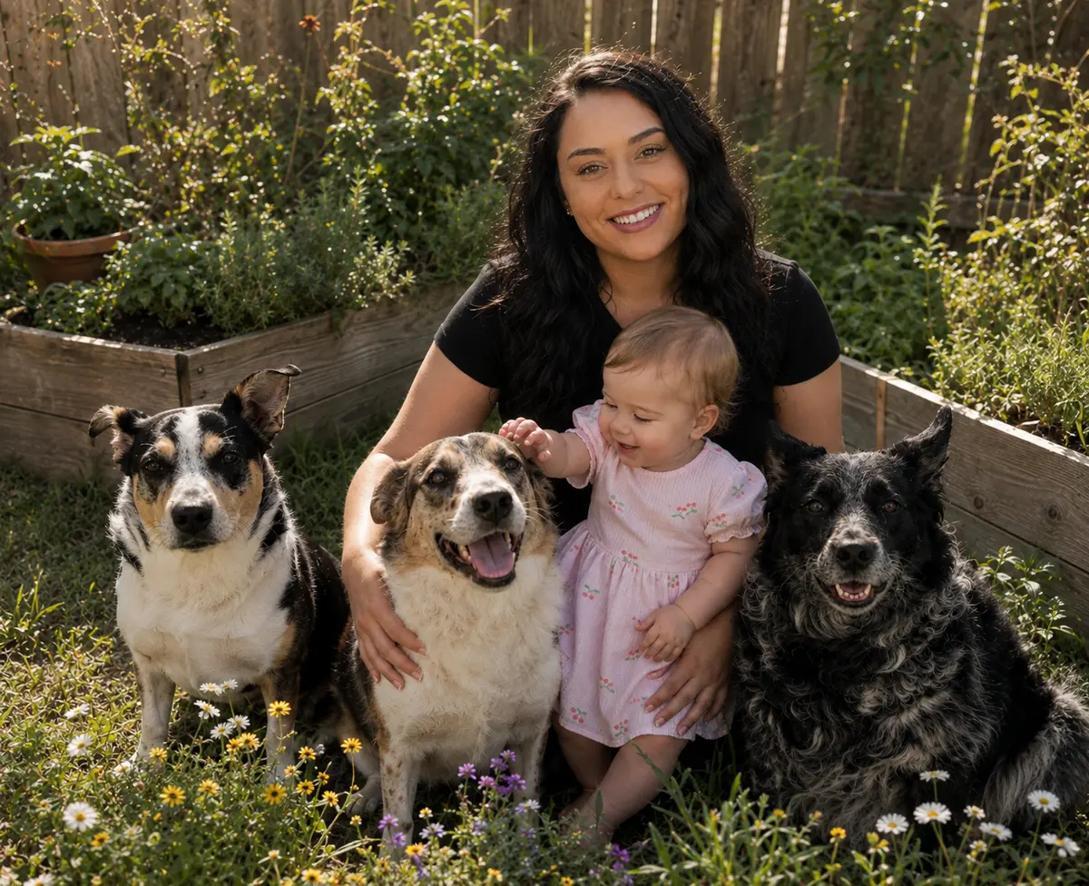 Samantha with her daughter and three dogs in the family garden