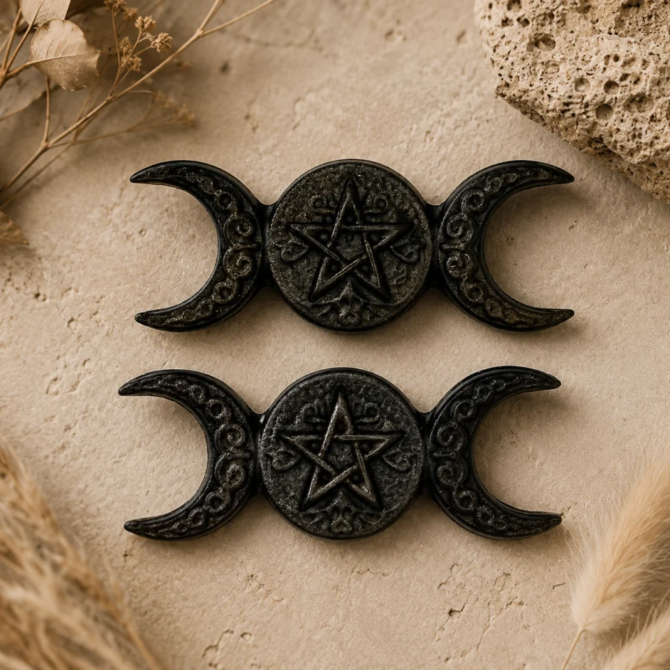Triple Moon Pentacle Obsidian Carving